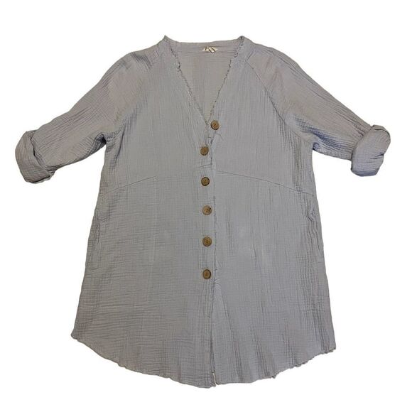 Blue Linen Button Down Top - Picture 1 of 5